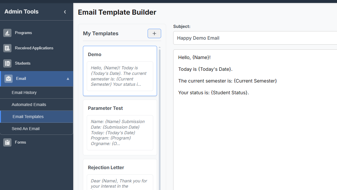 Automated email notification interface