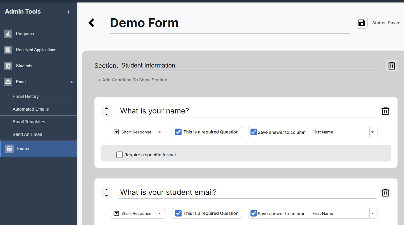 Drag and drop application form builder
