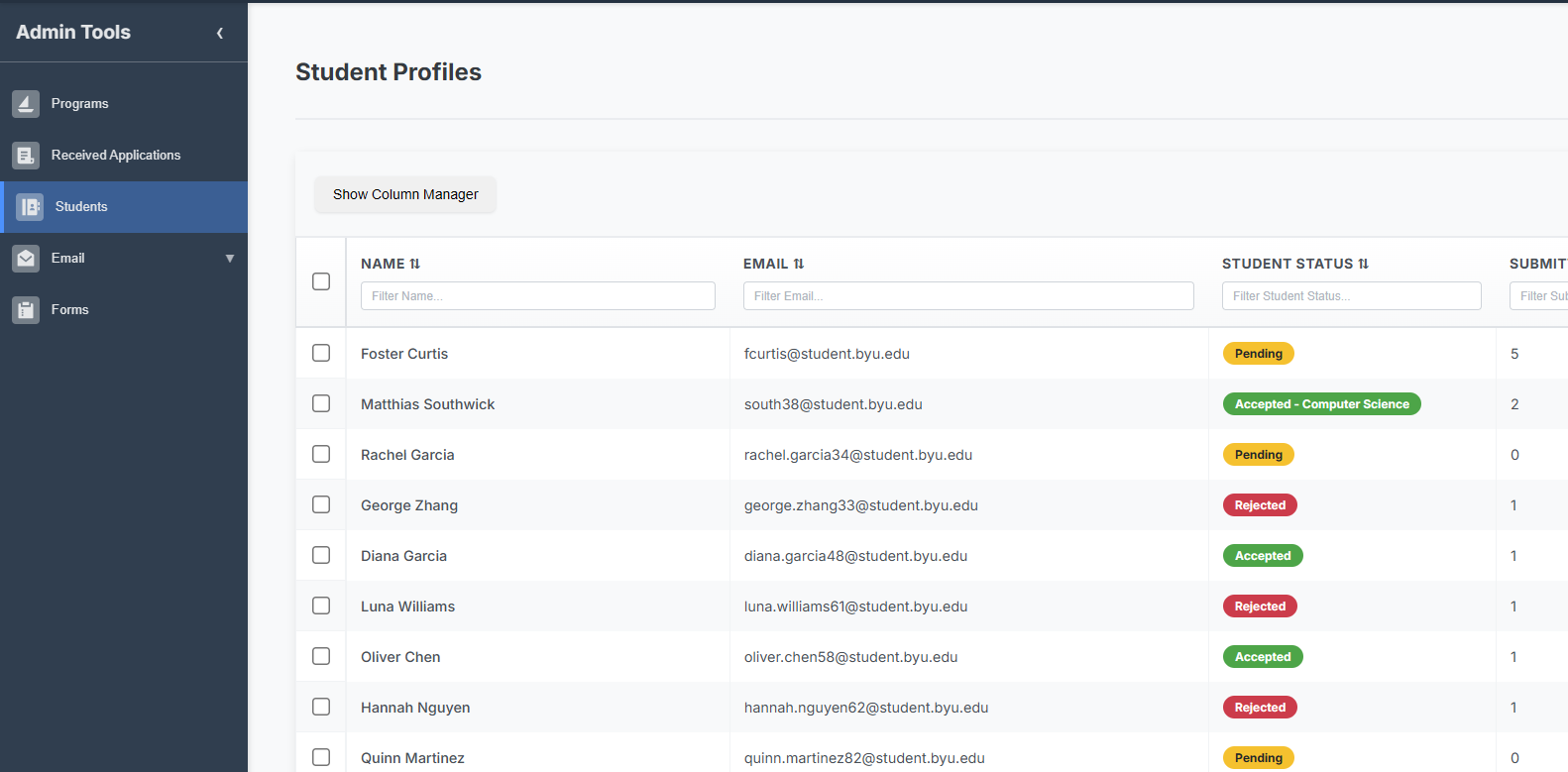 Student list filtered by criteria