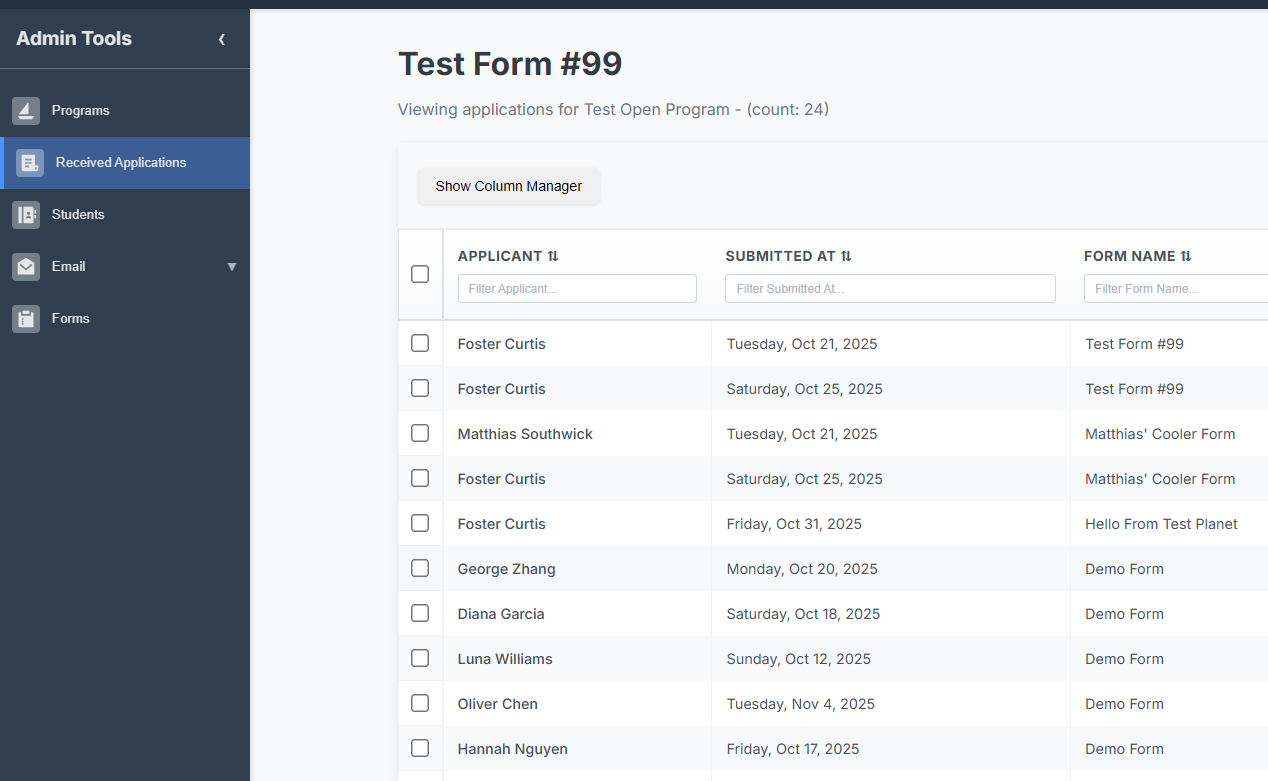 View of submissions dashboard showing organized application data