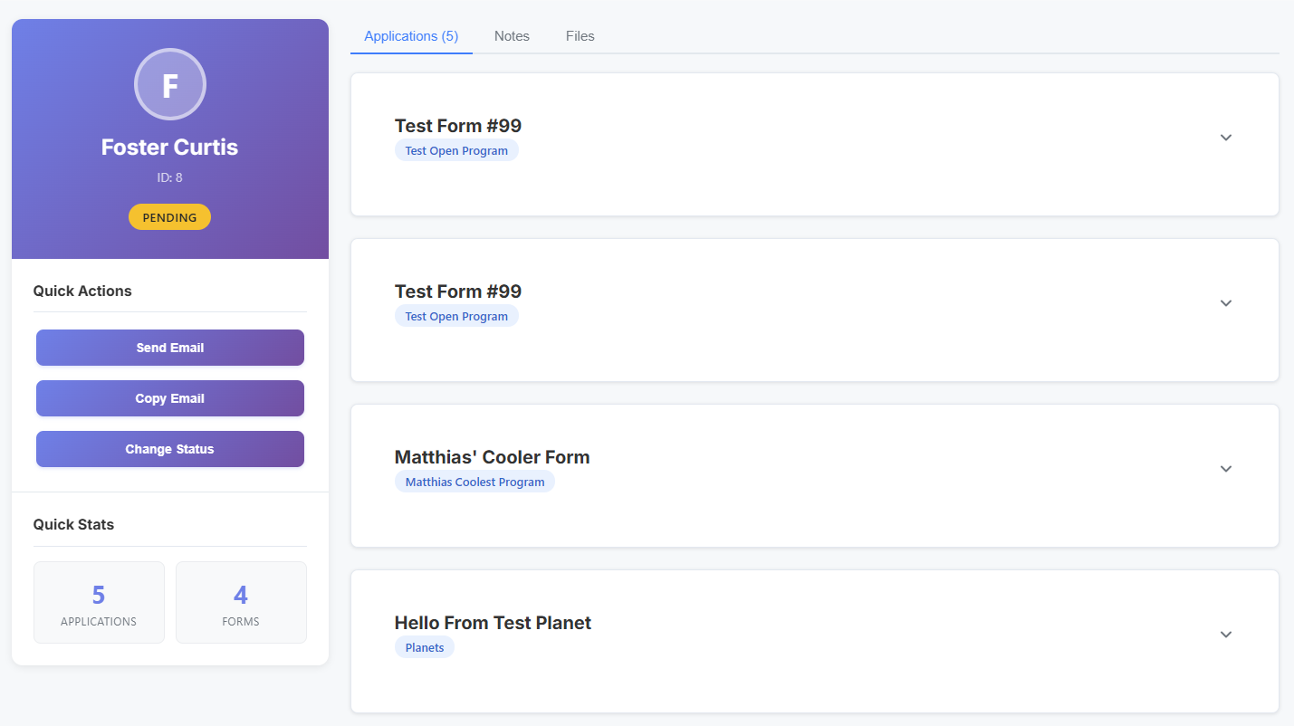 Applicant profile with attached references